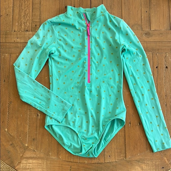 Mini Boden teal gold Star zip front long sleeve one piece rash guard swim suit - Picture 1 of 8
